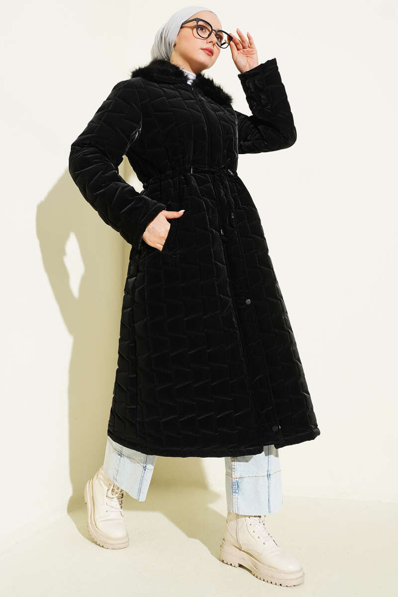 Long Quilted Zip Coat with Faux Fur Collar - Black