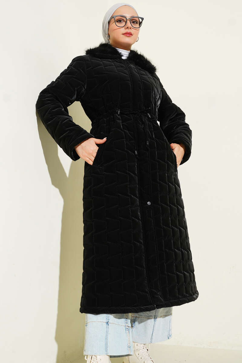 Long Quilted Zip Coat with Faux Fur Collar - Black