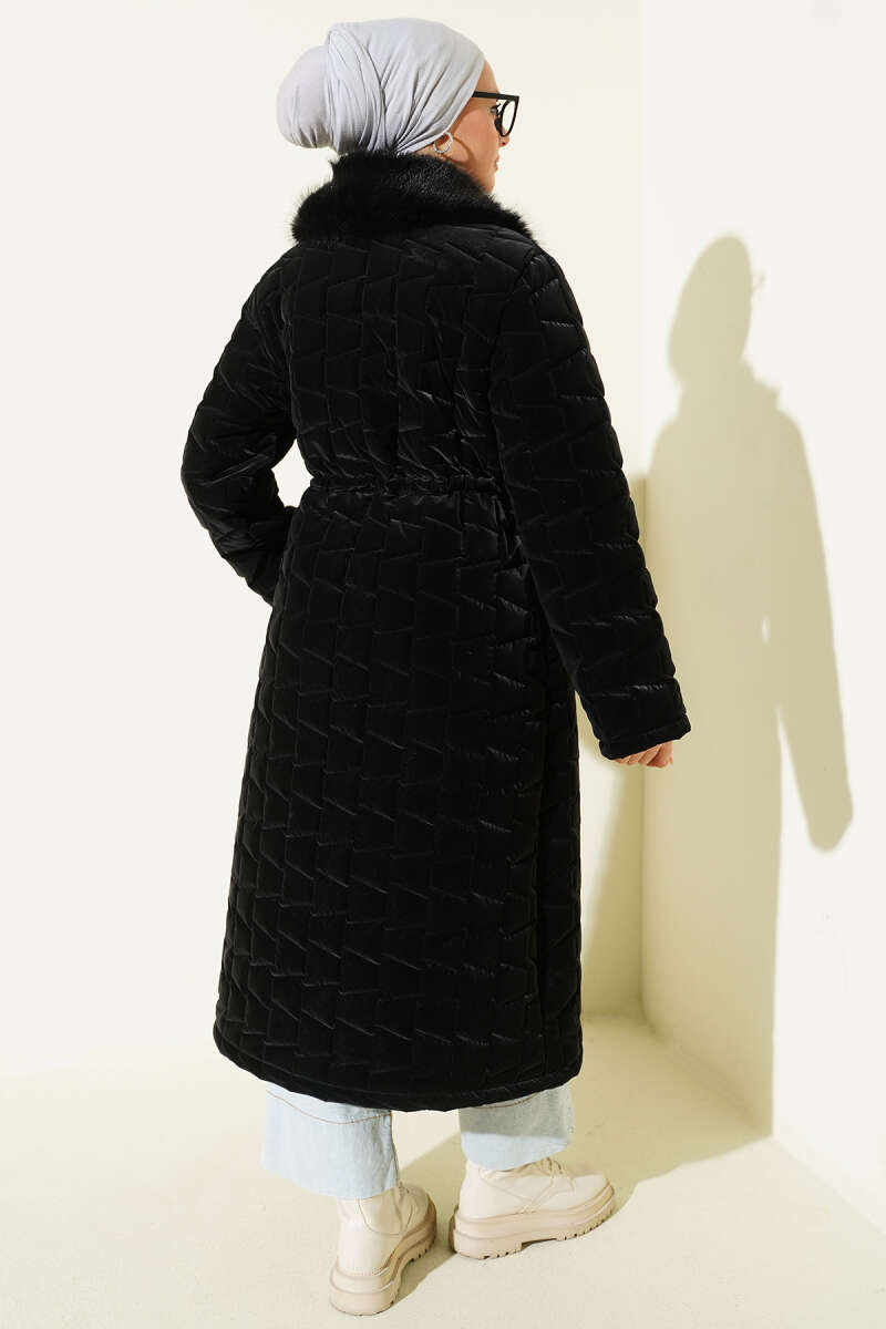 Long Quilted Zip Coat with Faux Fur Collar - Black