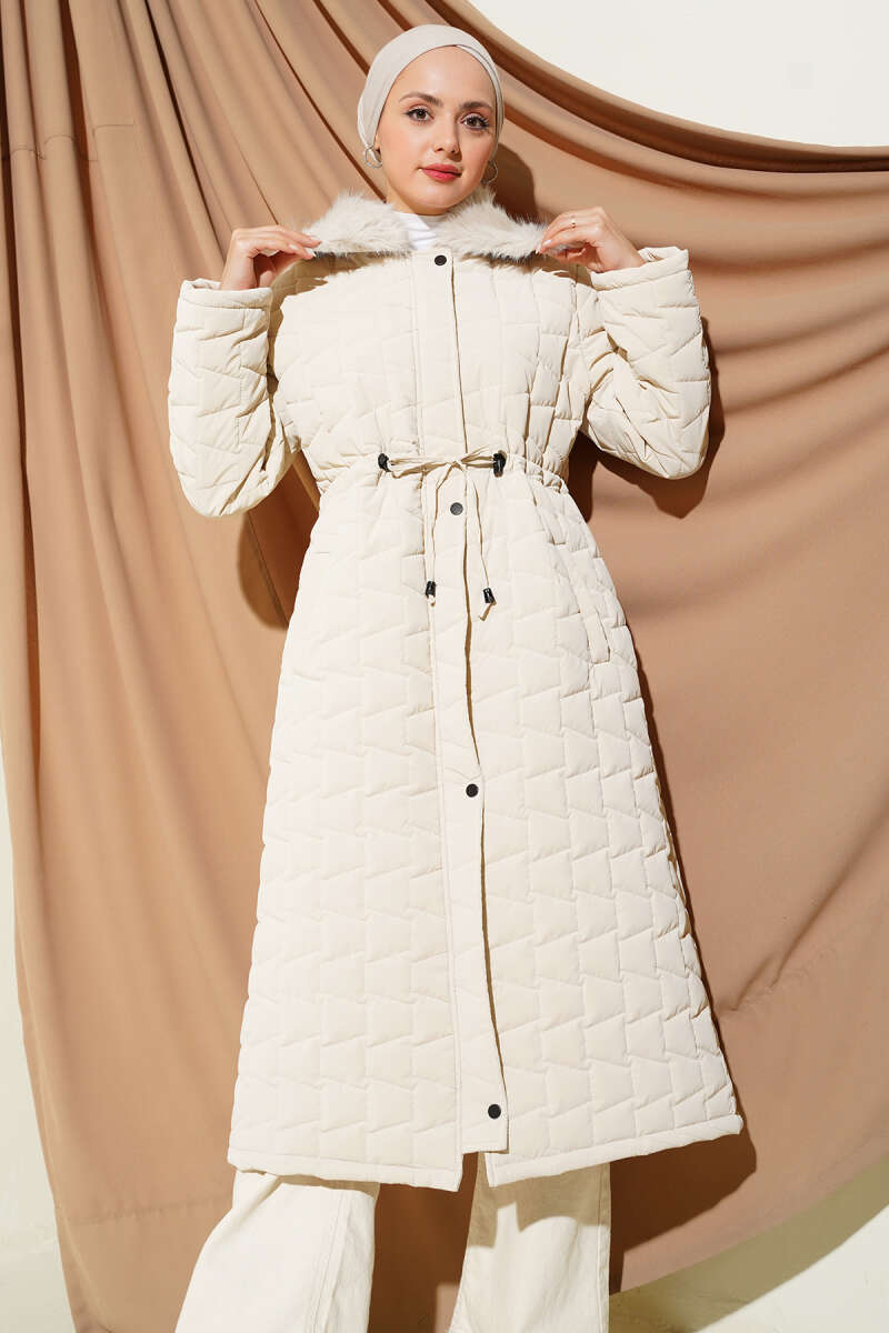 Long Quilted Zip Coat with Faux Fur Collar - Stone