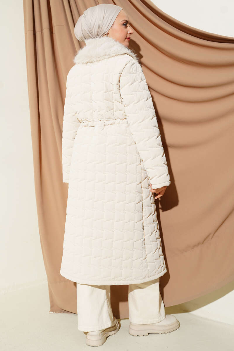 Long Quilted Zip Coat with Faux Fur Collar - Stone