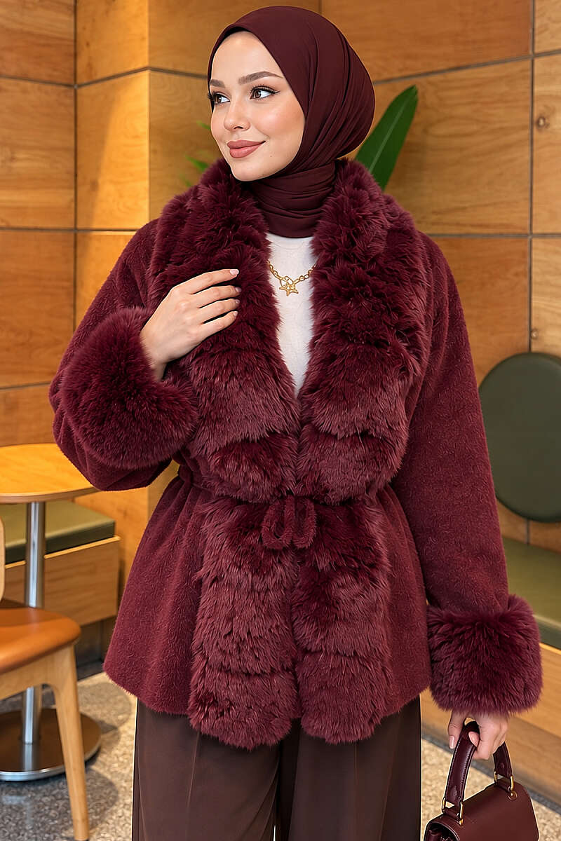 Belted Angora Jacket with Faux Fur - Burgundy