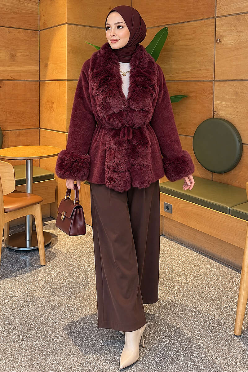Belted Angora Jacket with Faux Fur - Burgundy