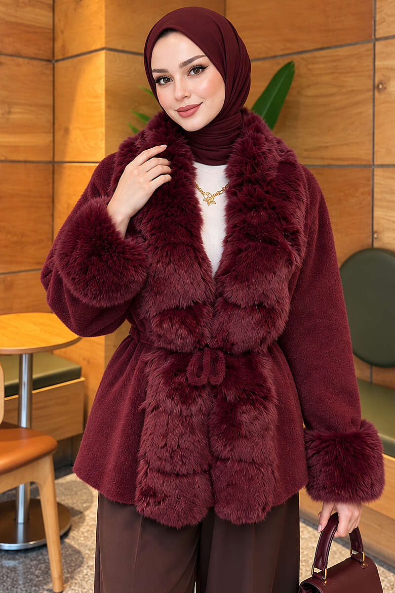 Belted Angora Jacket with Faux Fur - Burgundy
