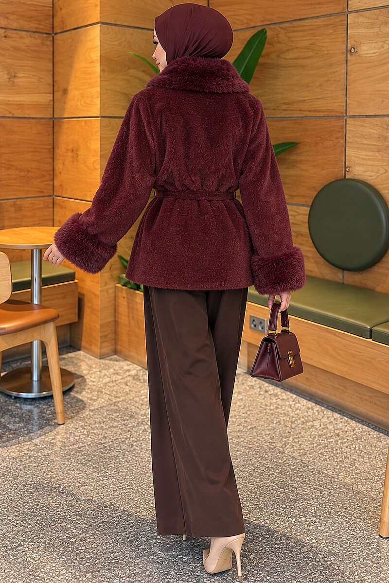Belted Angora Jacket with Faux Fur - Burgundy