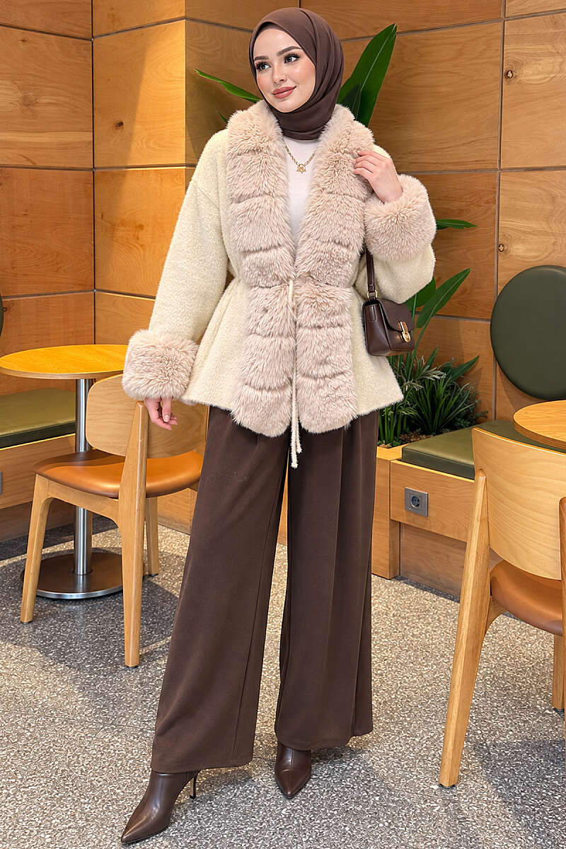 Belted Angora Jacket with Faux Fur - Ecru