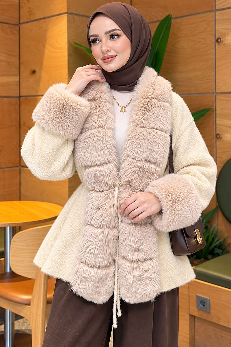 Belted Angora Jacket with Faux Fur - Ecru