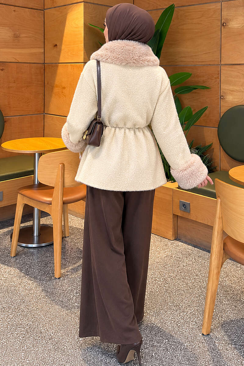 Belted Angora Jacket with Faux Fur - Ecru