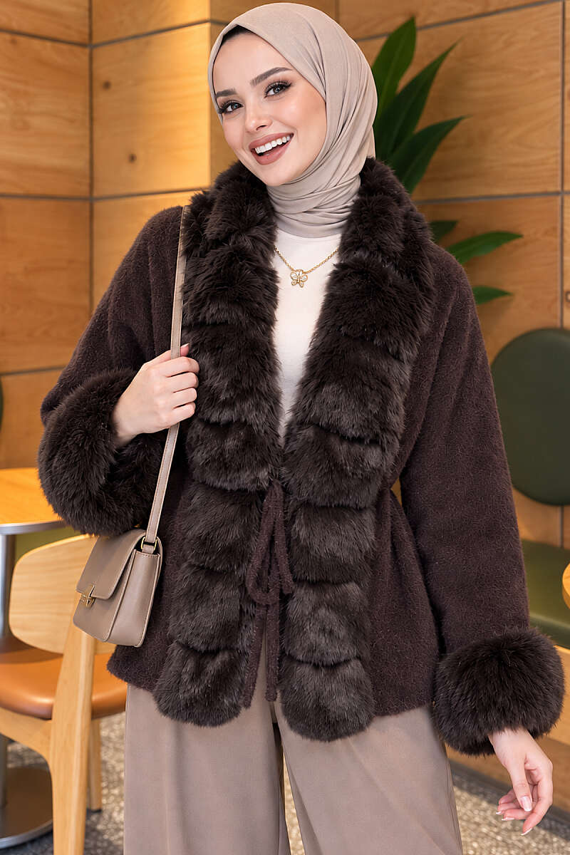 Belted Angora Jacket with Faux Fur - Brown