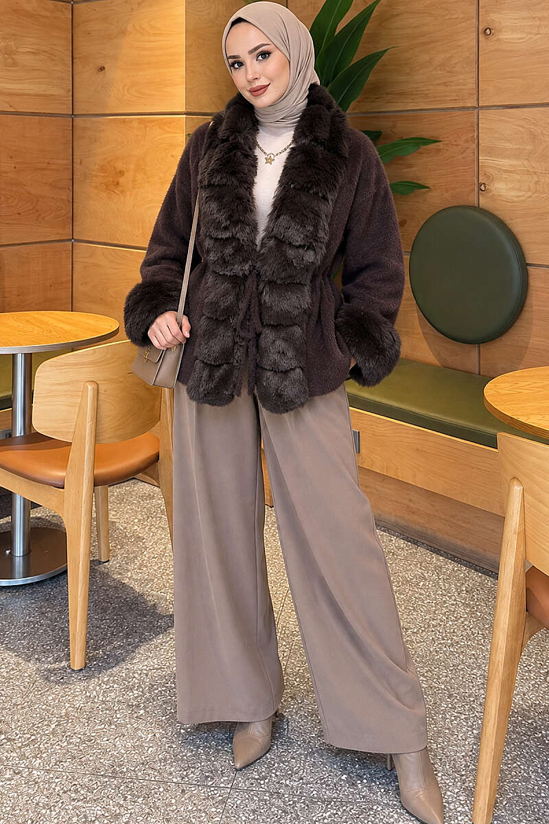 Belted Angora Jacket with Faux Fur - Brown