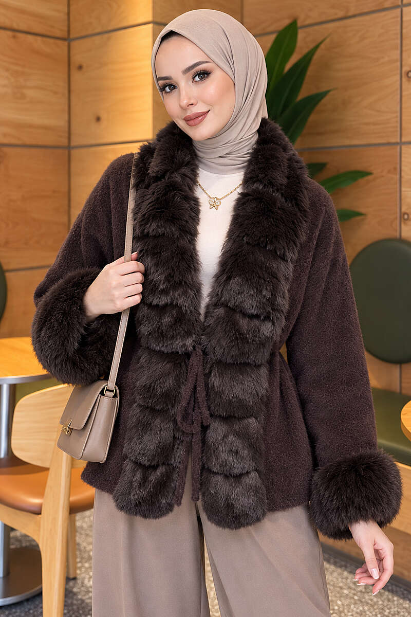 Belted Angora Jacket with Faux Fur - Brown