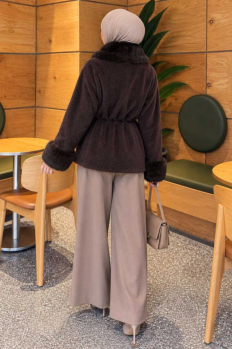 Belted Angora Jacket with Faux Fur - Brown