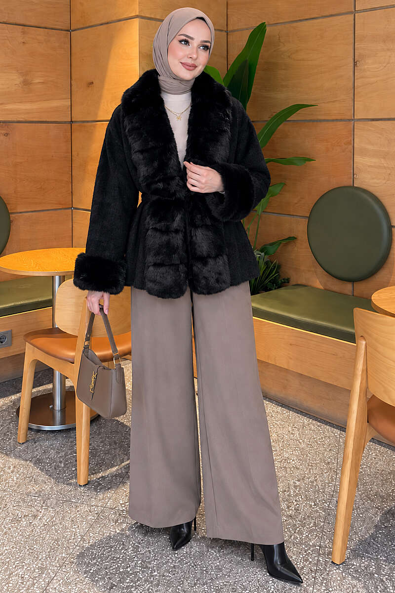 Belted Angora Jacket with Faux Fur - Black