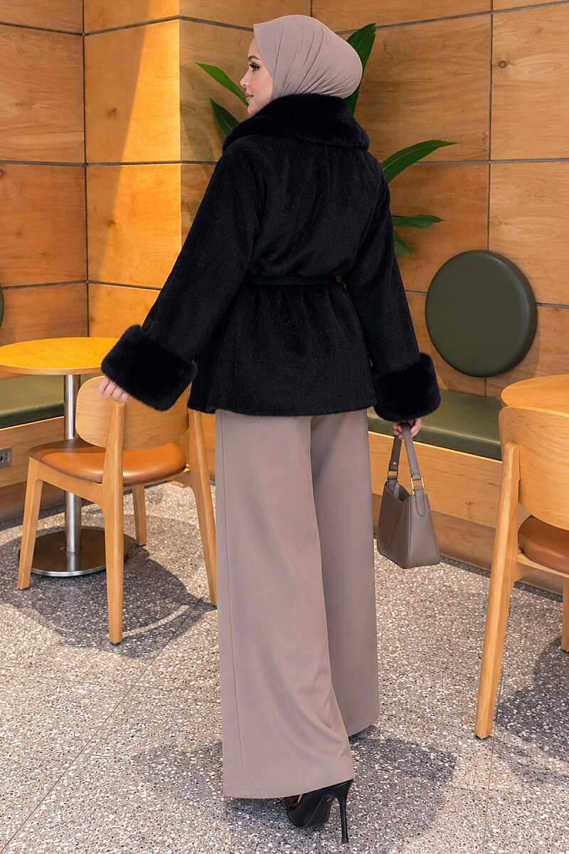 Belted Angora Jacket with Faux Fur - Black
