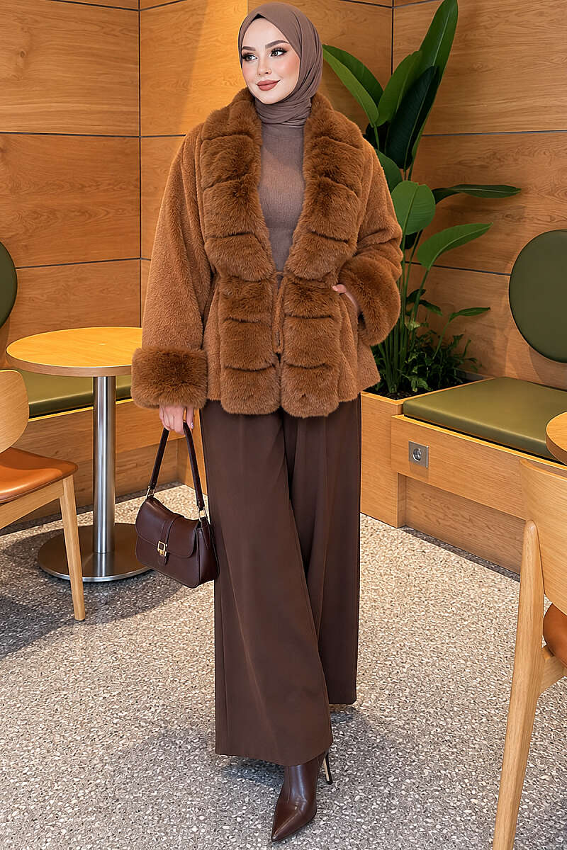 Belted Angora Jacket with Faux Fur - Tan