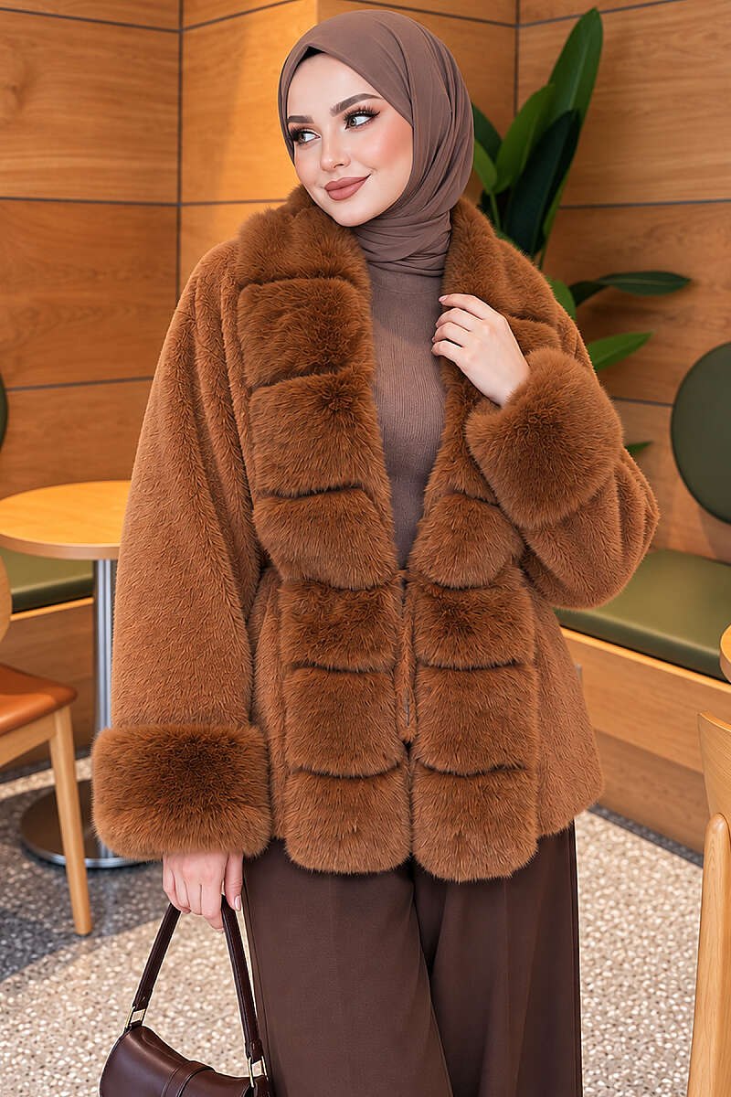 Belted Angora Jacket with Faux Fur - Tan