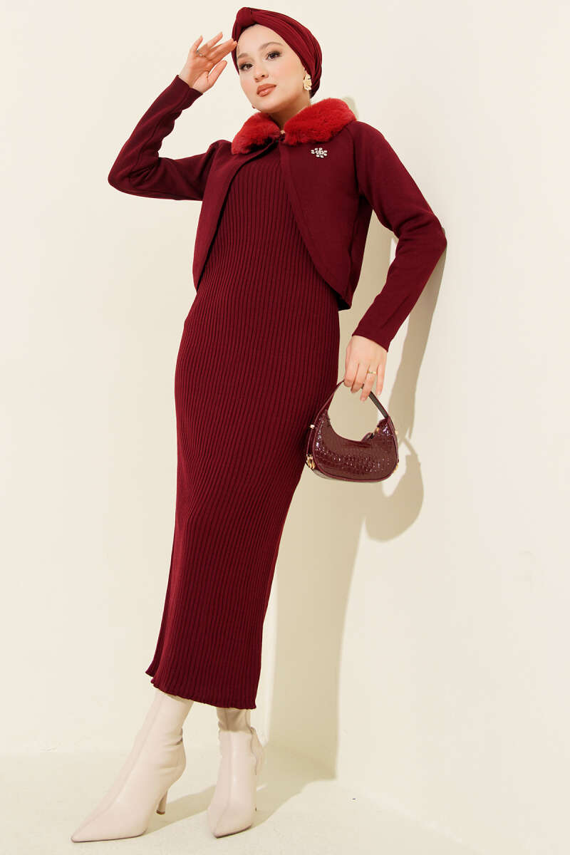 Knit Pinafore Dress with Faux Fur Detail - Burgundy