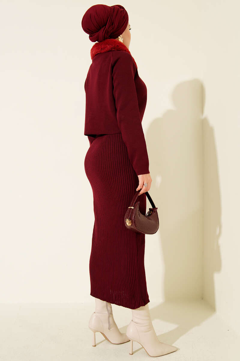 Knit Pinafore Dress with Faux Fur Detail - Burgundy