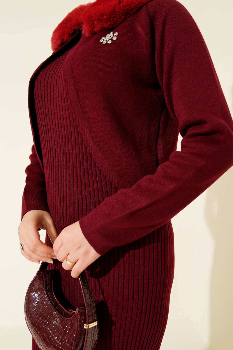 Knit Pinafore Dress with Faux Fur Detail - Burgundy