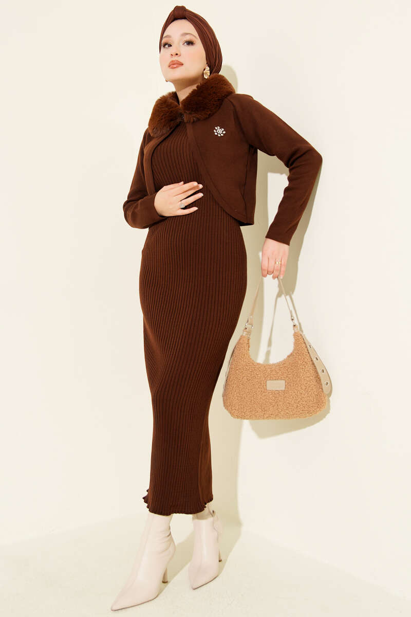 Knit Pinafore Dress with Faux Fur Detail - Brown
