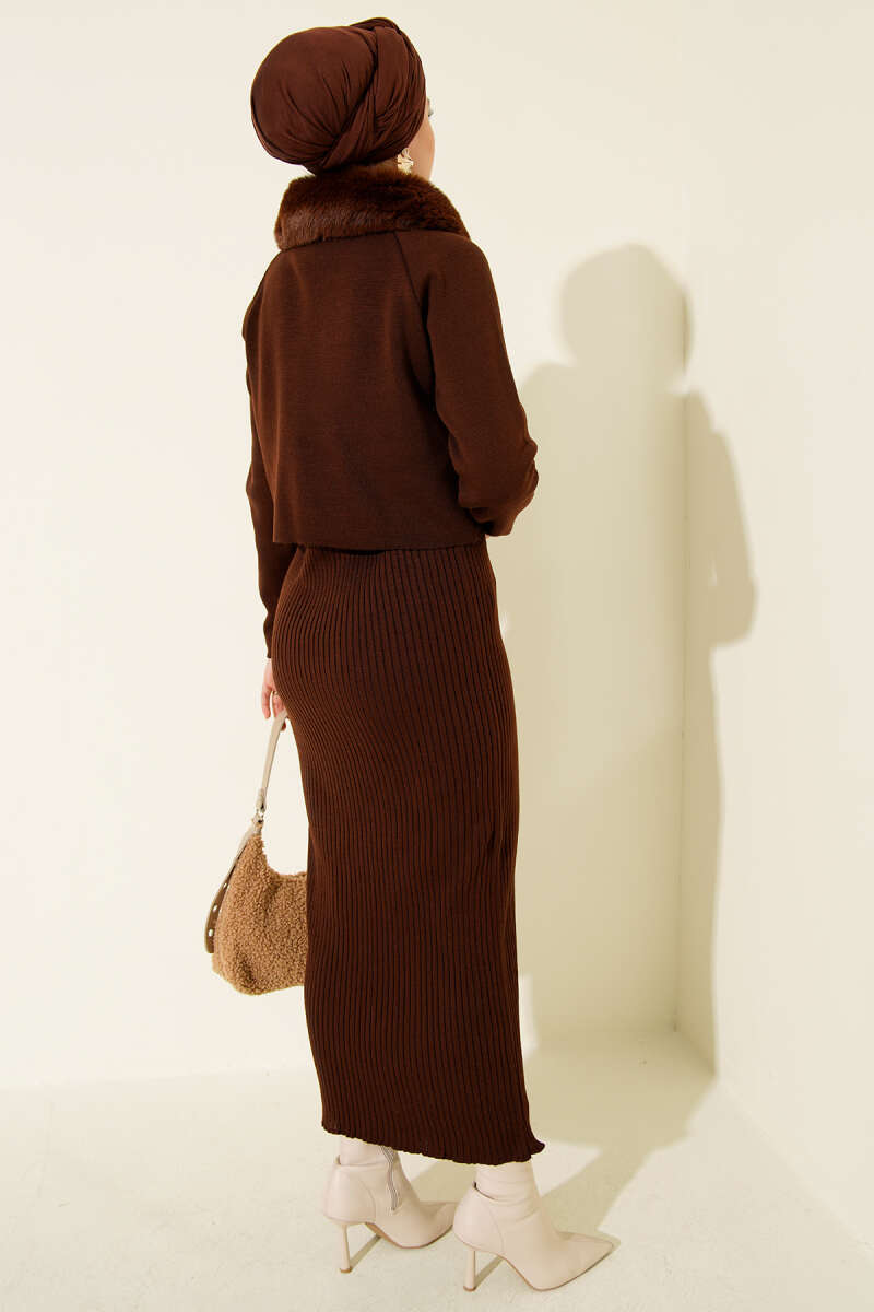 Knit Pinafore Dress with Faux Fur Detail - Brown