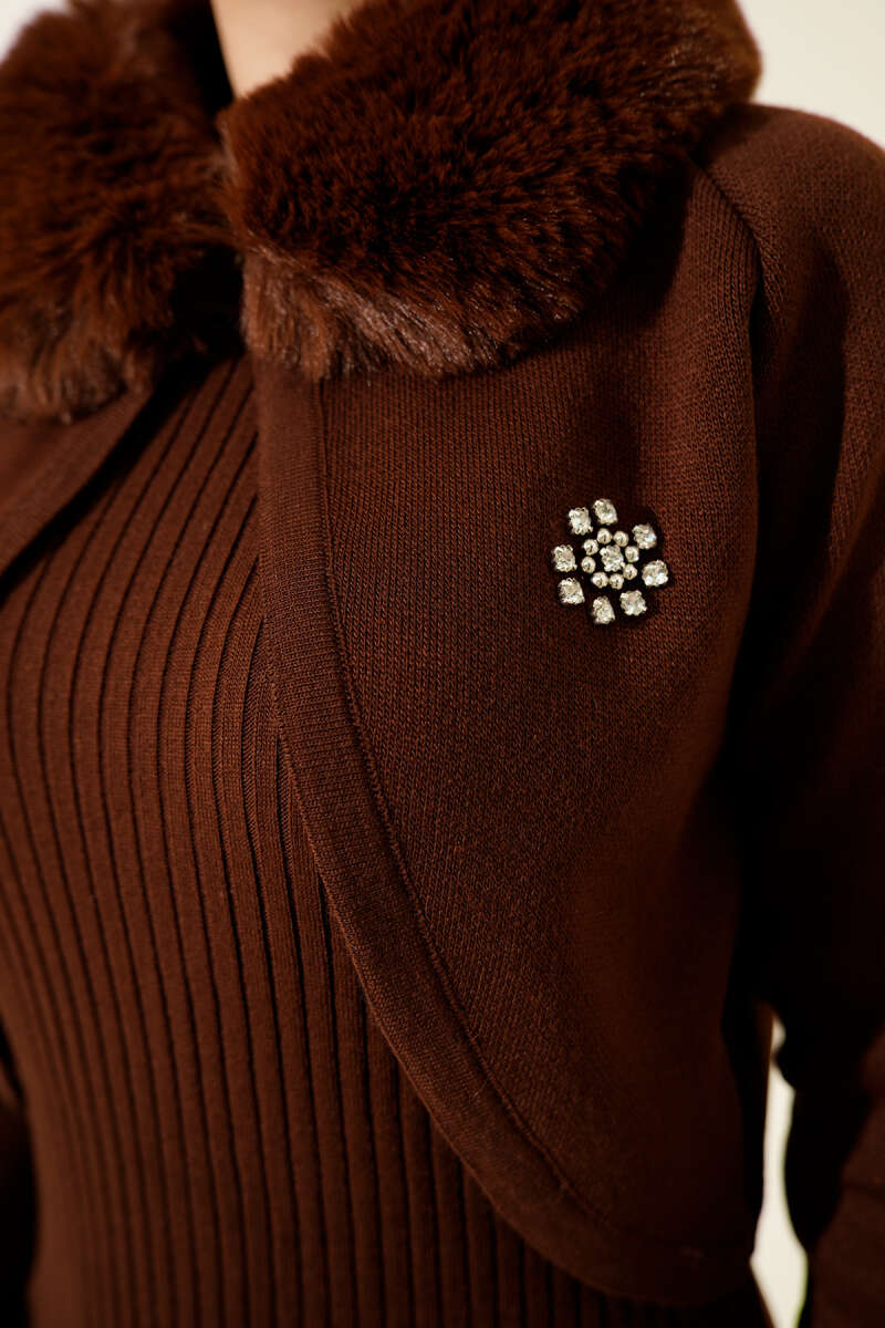 Knit Pinafore Dress with Faux Fur Detail - Brown
