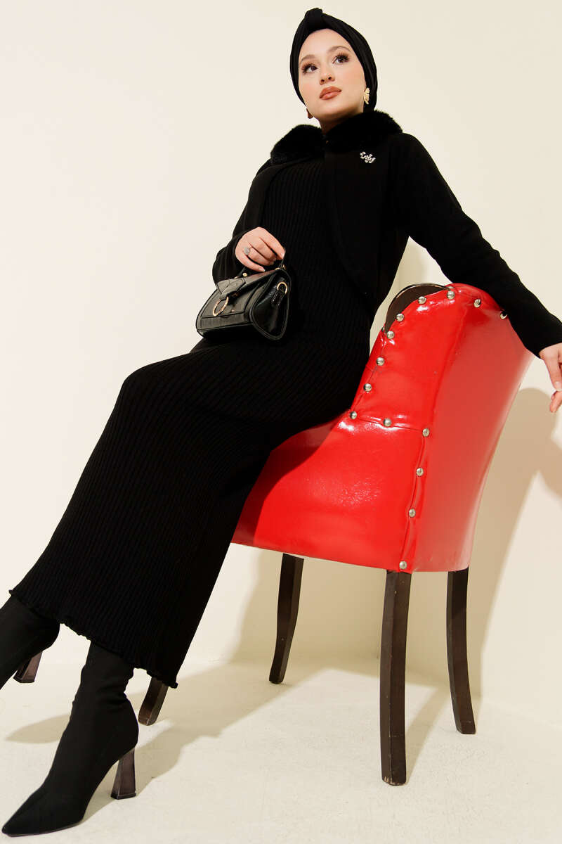 Knit Pinafore Dress with Faux Fur Detail - Black