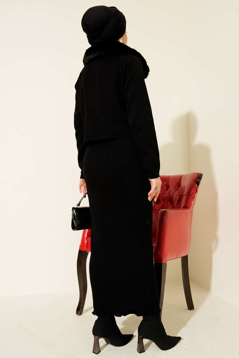 Knit Pinafore Dress with Faux Fur Detail - Black