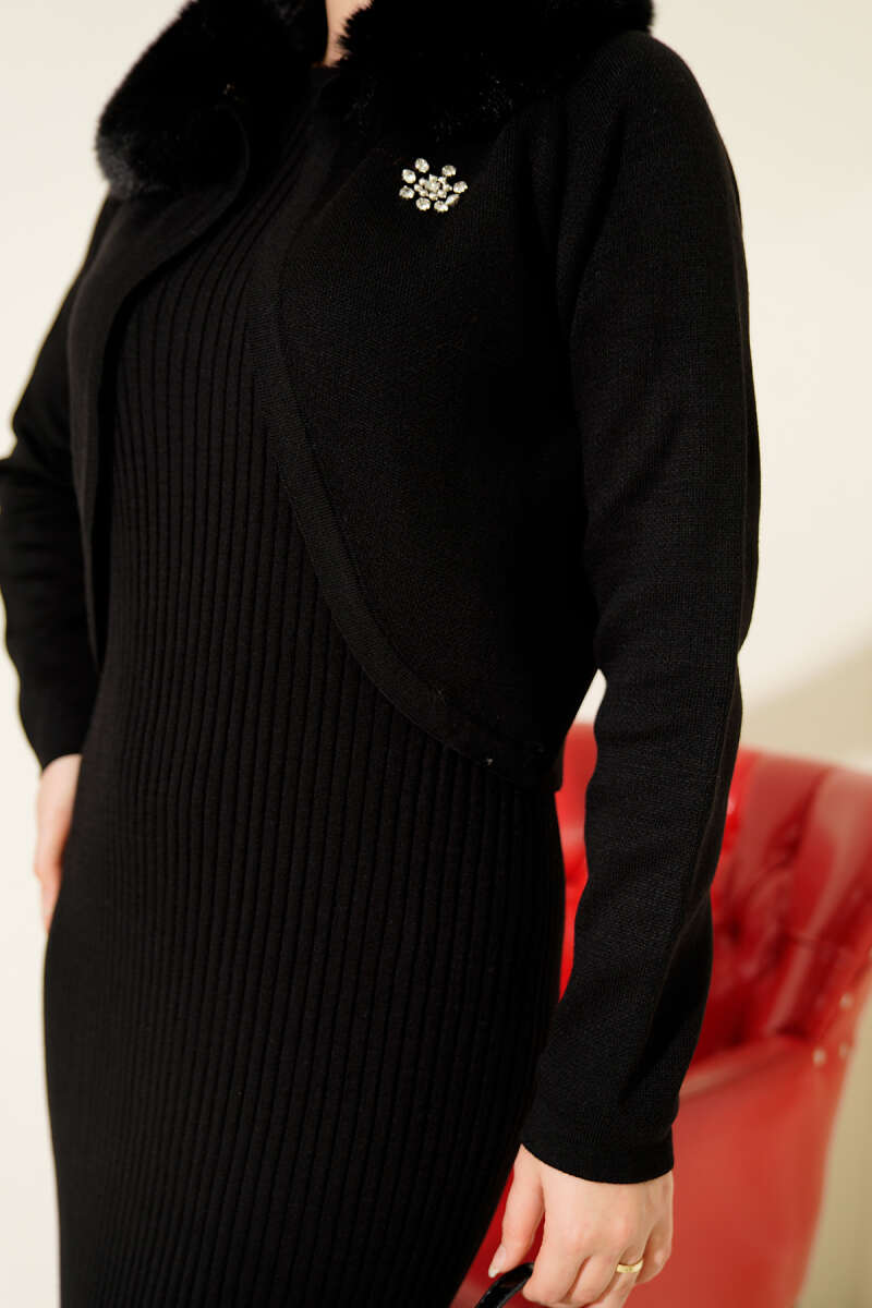 Knit Pinafore Dress with Faux Fur Detail - Black