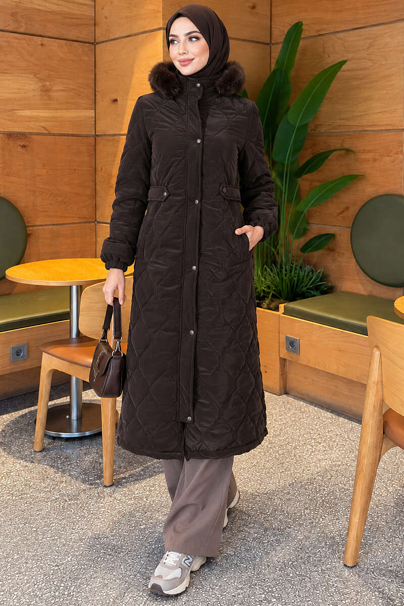 Puffer Coat with Faux Fur and Zip Detail - Dark Brown