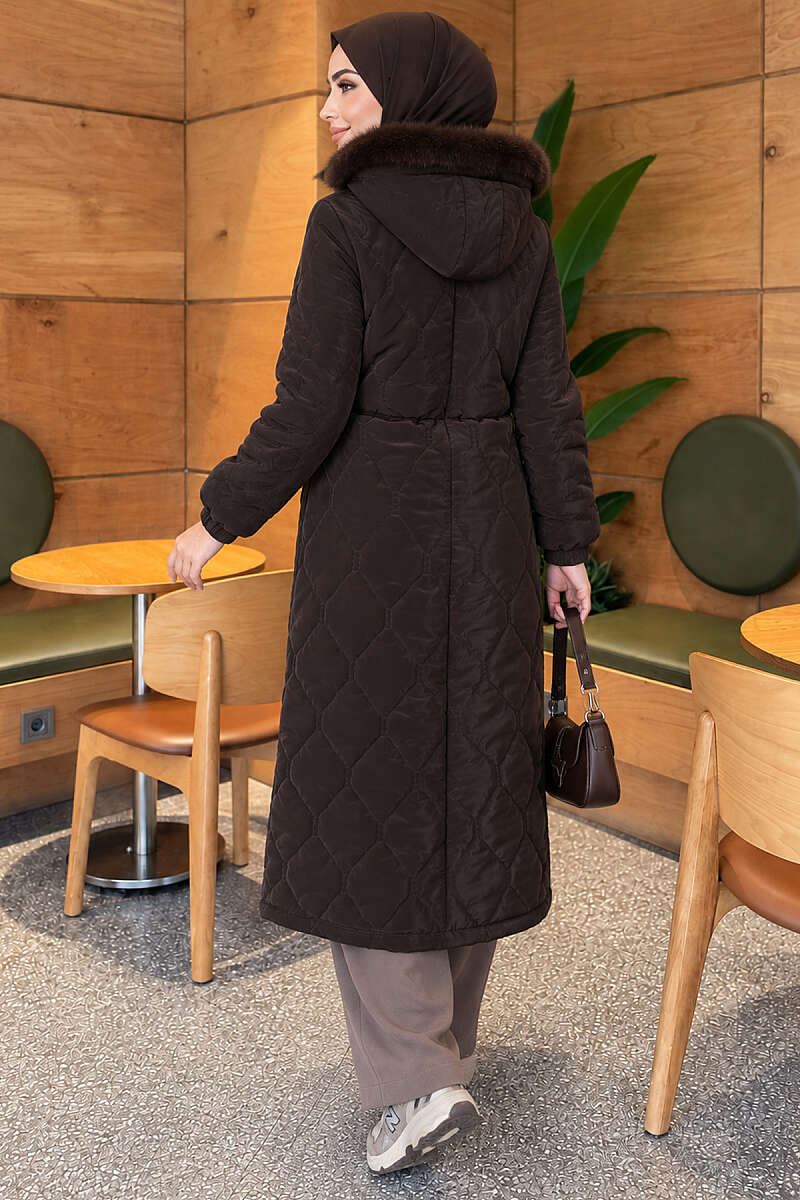Puffer Coat with Faux Fur and Zip Detail - Dark Brown
