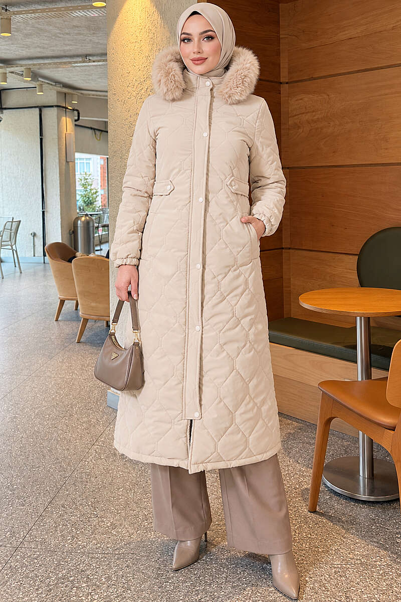 Puffer Coat with Faux Fur and Zip Detail - Beige
