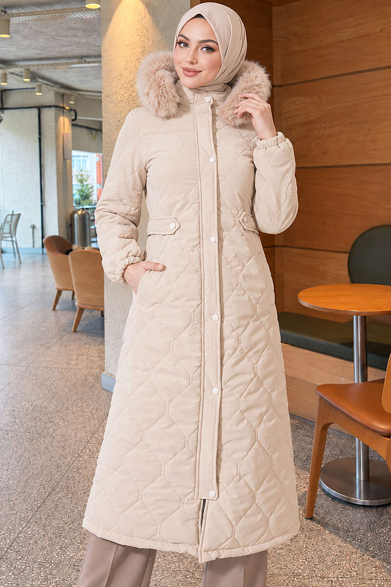 Puffer Coat with Faux Fur and Zip Detail - Beige