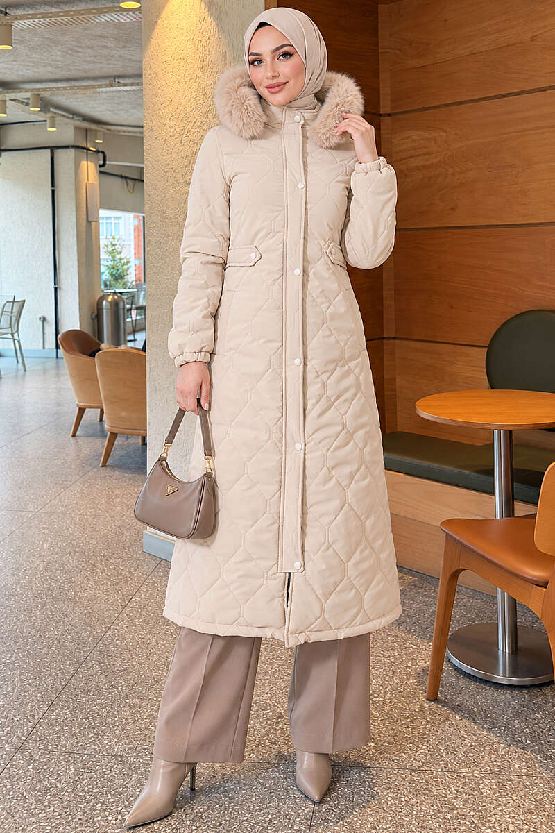 Puffer Coat with Faux Fur and Zip Detail - Beige