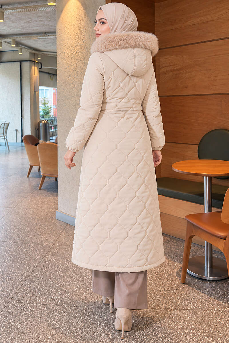 Puffer Coat with Faux Fur and Zip Detail - Beige