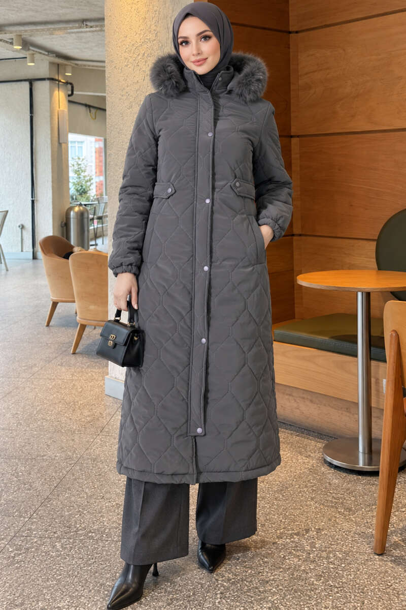 Puffer Coat with Faux Fur and Zip Detail - Smoke Grey