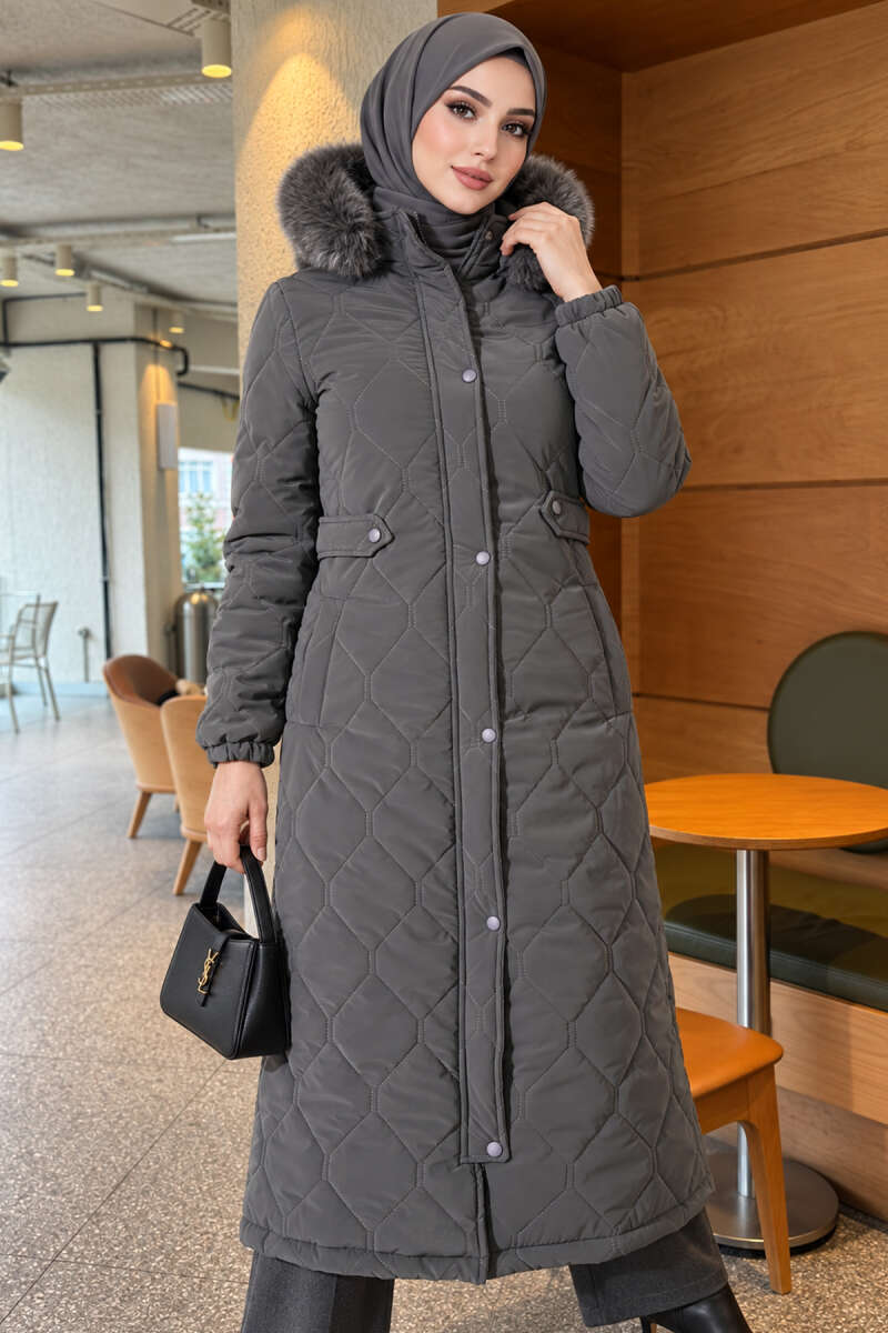 Puffer Coat with Faux Fur and Zip Detail - Smoke Grey