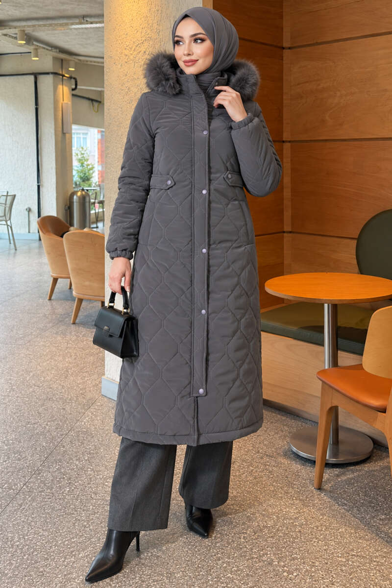 Puffer Coat with Faux Fur and Zip Detail - Smoke Grey