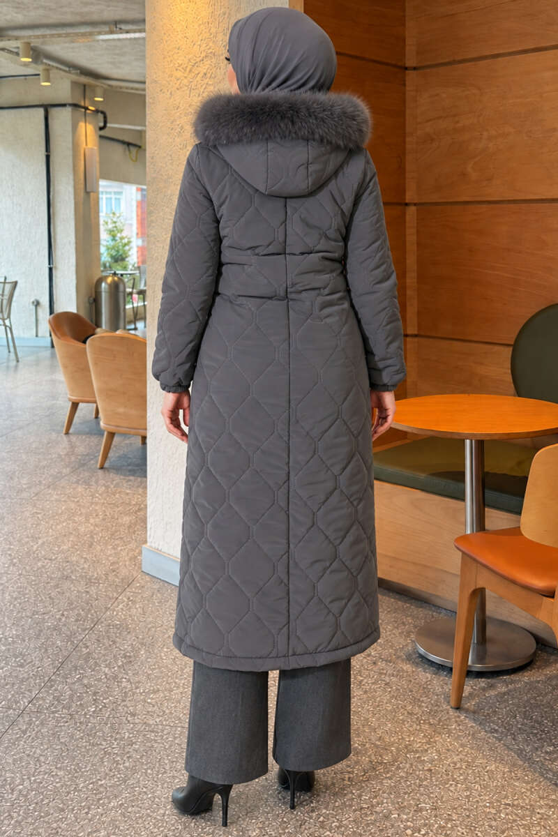 Puffer Coat with Faux Fur and Zip Detail - Smoke Grey