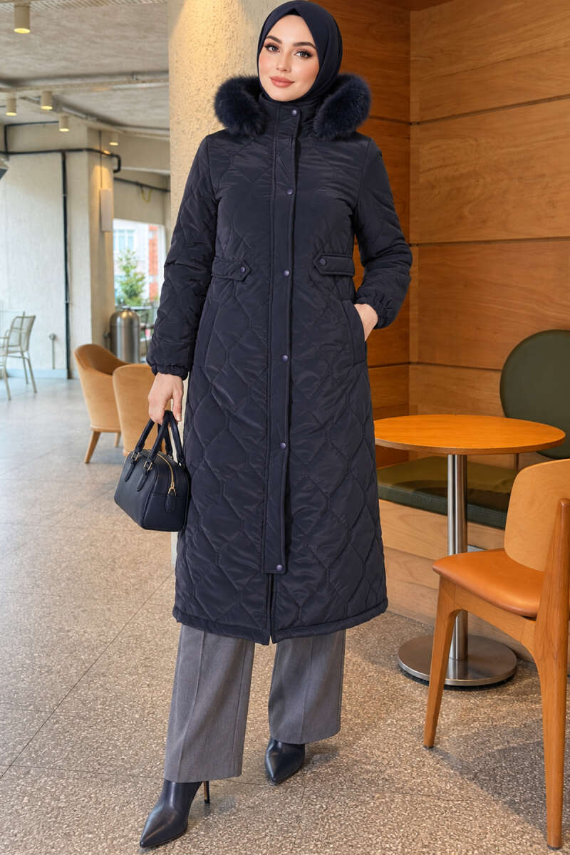 Puffer Coat with Faux Fur and Zip Detail - Navy
