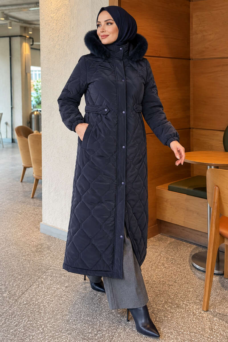 Puffer Coat with Faux Fur and Zip Detail - Navy