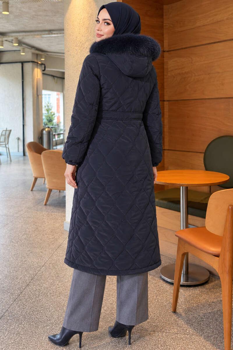 Puffer Coat with Faux Fur and Zip Detail - Navy