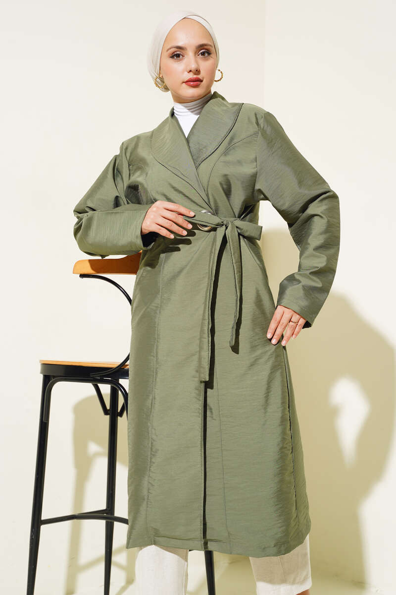 Belted Trench Coat with Eyelets - Khaki