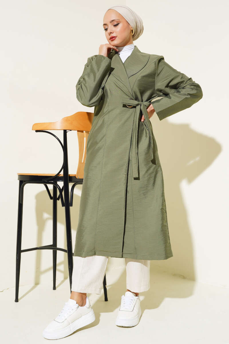 Belted Trench Coat with Eyelets - Khaki