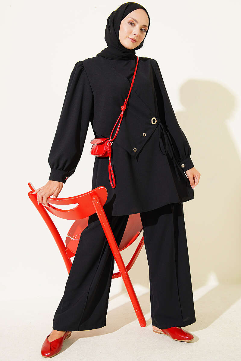 Two-Piece Set with Eyelets and Tie Detail - Black
