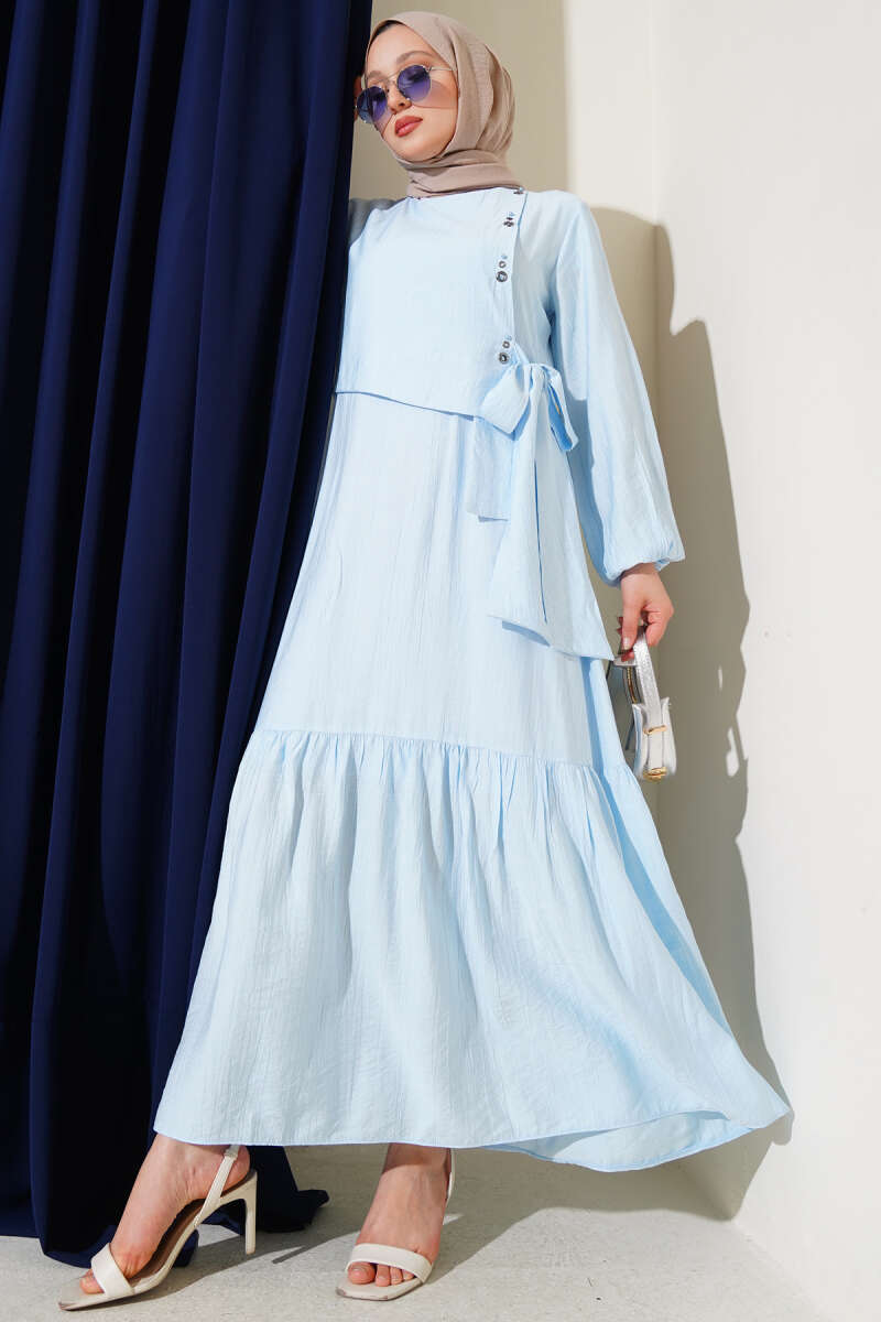 Tie Dress with Eyelet Detail - Light Blue