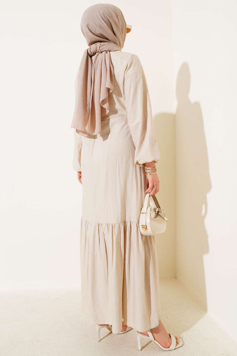 Tie Dress with Eyelet Detail - Beige