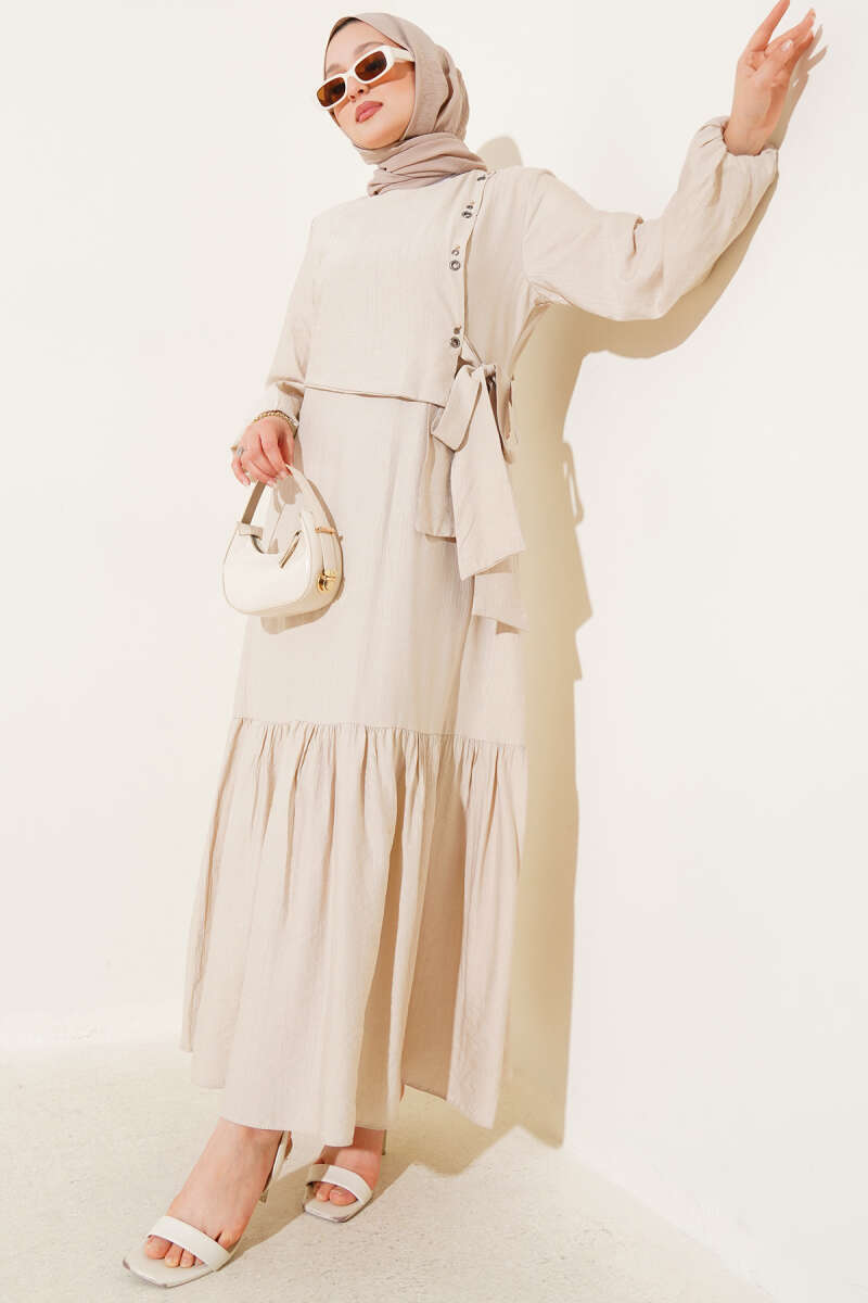 Tie Dress with Eyelet Detail - Beige