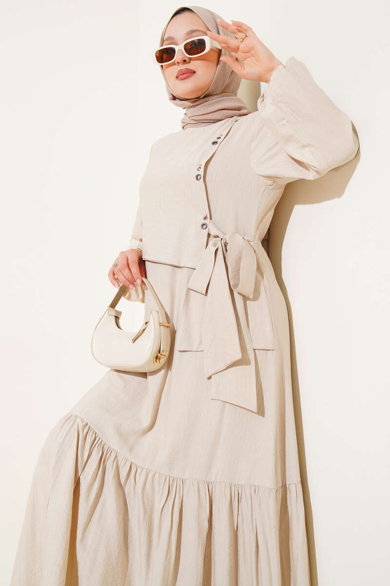 Tie Dress with Eyelet Detail - Beige