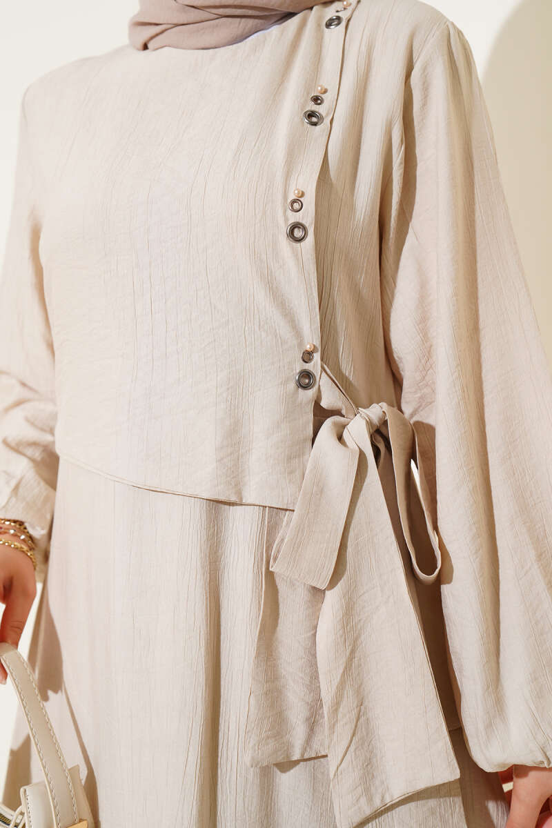 Tie Dress with Eyelet Detail - Beige